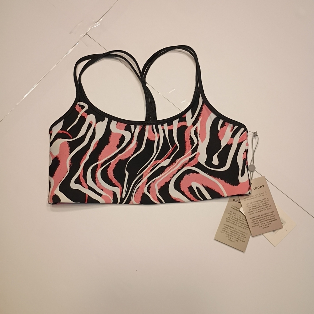 #1020 DKNY SWIRL Pink and Black Abstract Sports Bra